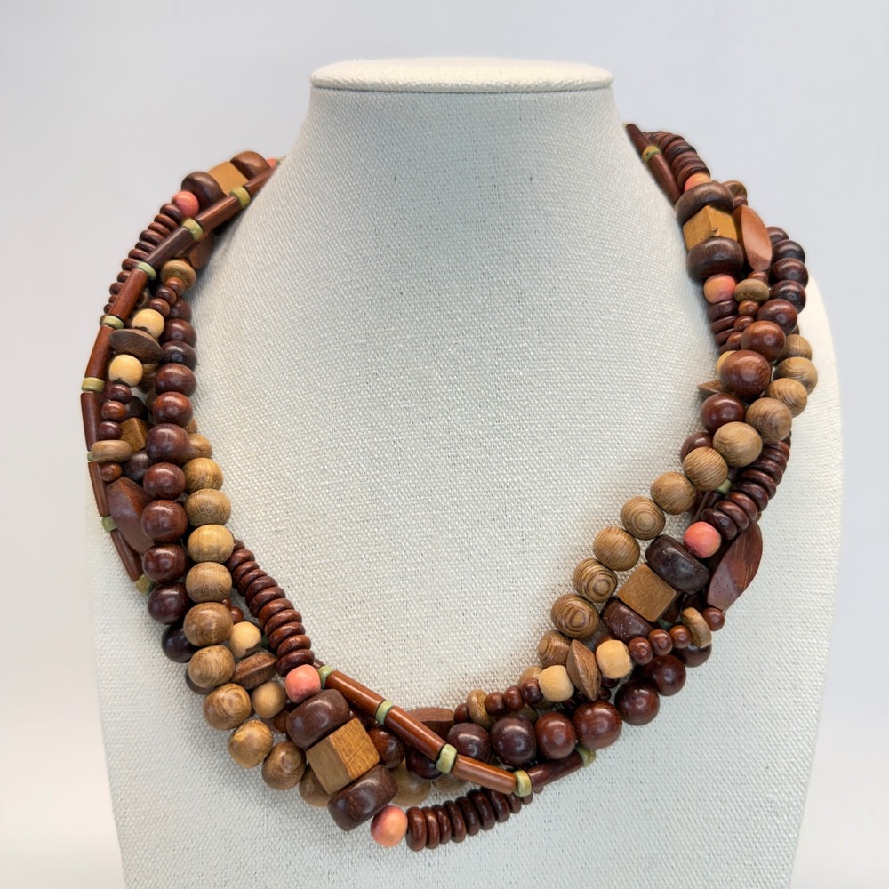 Multi Strand Natural Wood Bead Statement Necklace Earthy‎ Brown Boho 20 Inch